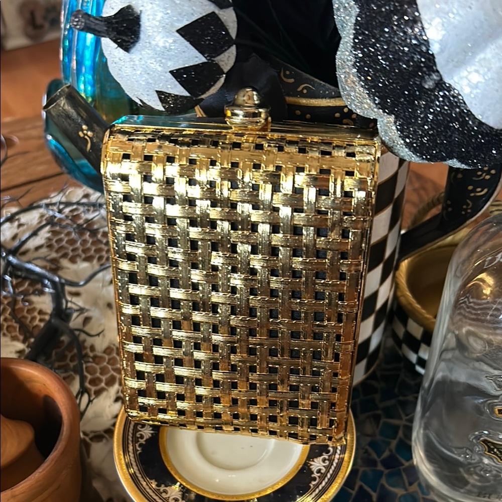 Vintage Gold Metal Basketweave Rectangular Mini Semi-Hardbody Clutch Crossbody